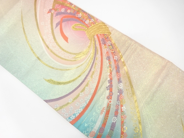 JAPANESE KIMONO / FUKURO OBI FOR FURISODE / SILK / WOVEN NOSHI & FLOWERS